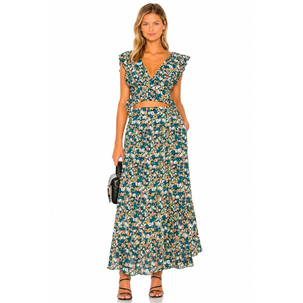 Free People Floral Crop Top & Maxi Skirt Set Pretty Daze Teal Blue Size Small